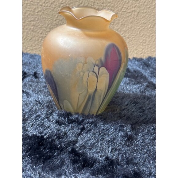 Hand Painted Rueven Orange Blues Art Glass Vase Multicolor Swirl Design 5" tall - Picture 1 of 6